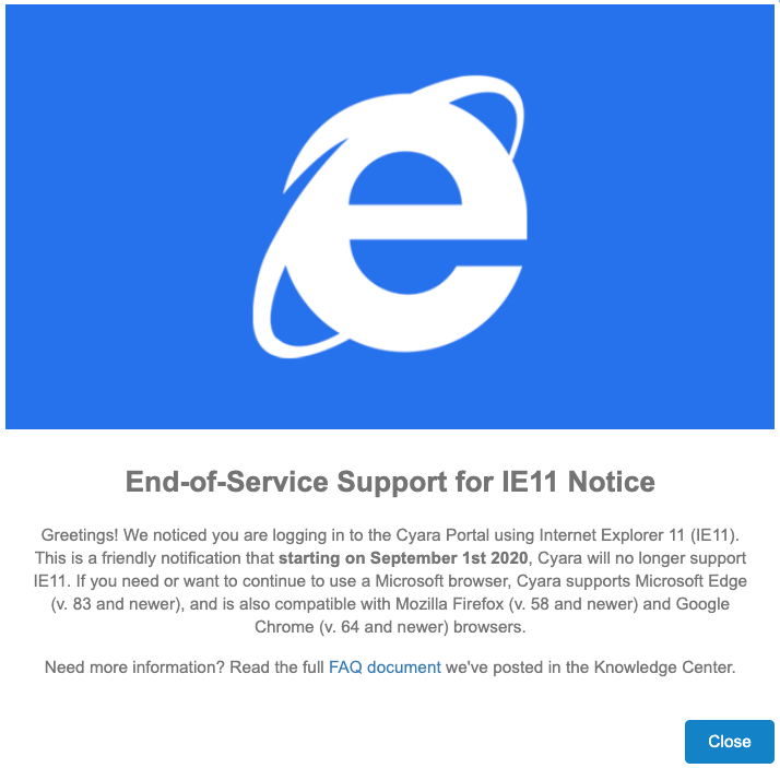 Internet Explorer 11 End Of Support Notice & FAQ – Cyara Knowledge Center